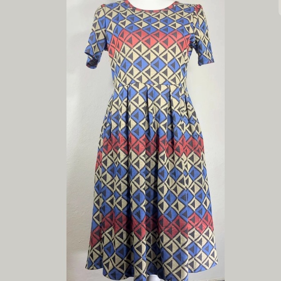 LulaRoe Amelia Dress Blue Geometric Print Large - Picture 2 of 5